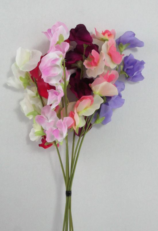 ARTIFICIAL SILK FLOWERS 12  SWEET PEAS STEMS IN MIXED COLOURS 