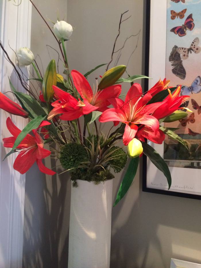 Showing a Bespoke artificial Silk flower arrangement, including the Lilies, sent in by one of our customers