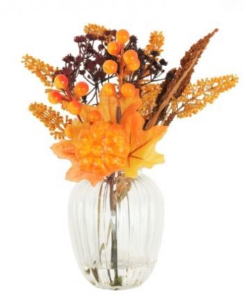 Complete Autumn Mix With Pumpkin In Ribbed Vase